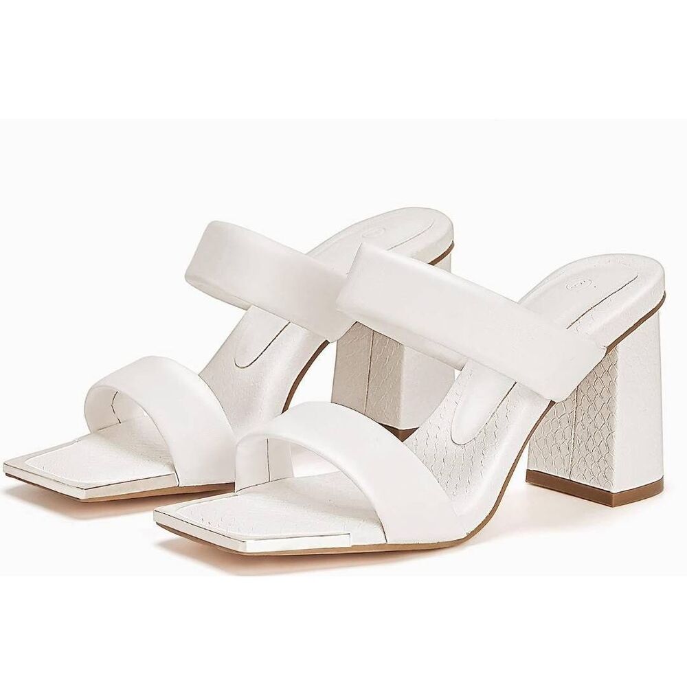Womens Square Open Toe Mule Sandal with Chunky Block Heel White Sz 8.5